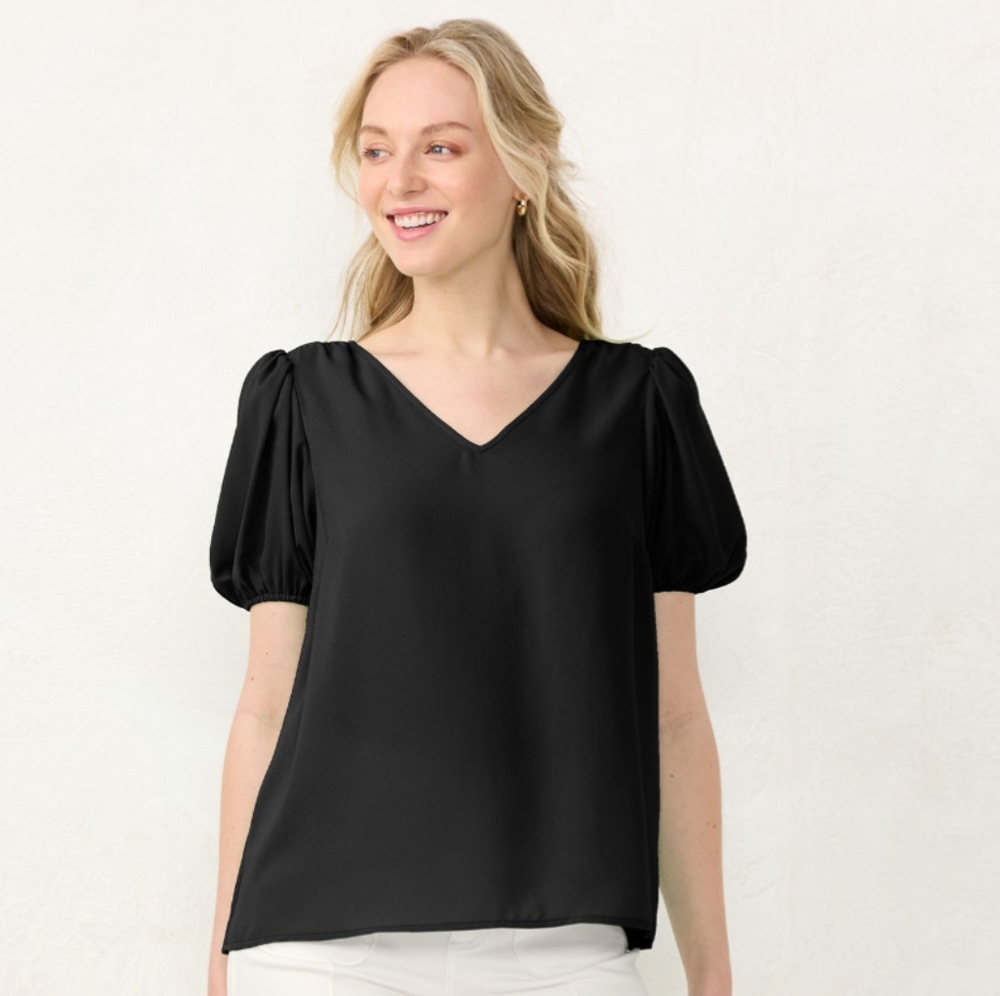 LC Lauren Conrad Black V-Neck Puff Sleeve Blouse